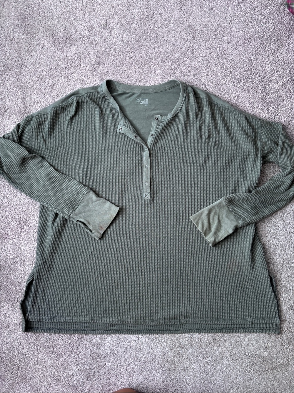 aerie Olive Green Waffle Knit Long Sleeve Henley Top